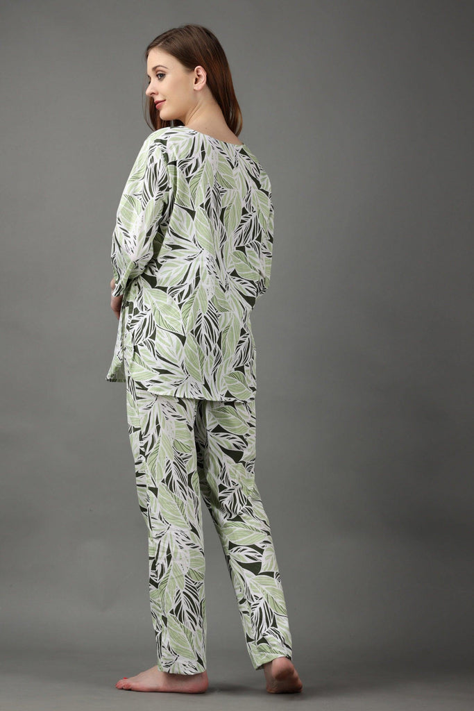 Model wearing Cotton Night Suit Set with Pattern type: Leaf-7