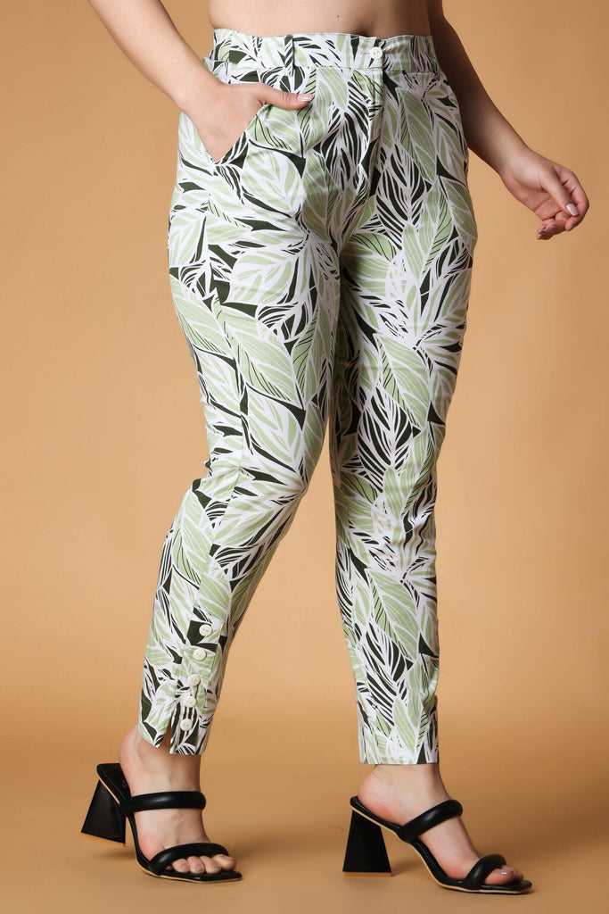 Model wearing Cotton Poplin Pant with Pattern type: Leaf-4