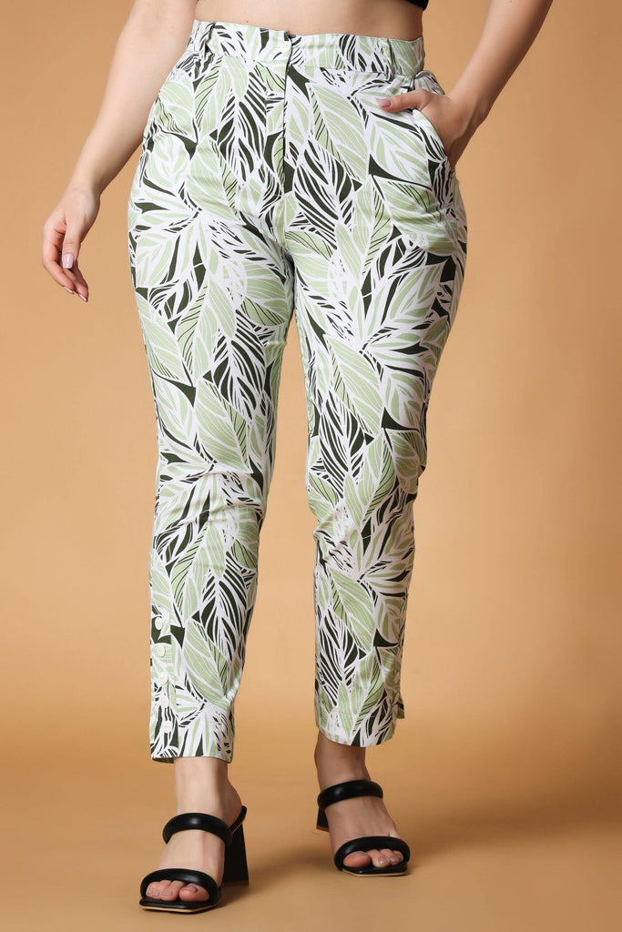 Model wearing Cotton Poplin Pant with Pattern type: Leaf-5