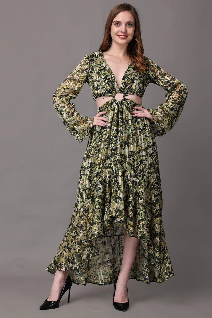 Model wearing Polyster Georgette Maxi Dress with Pattern type: Camouflage-1