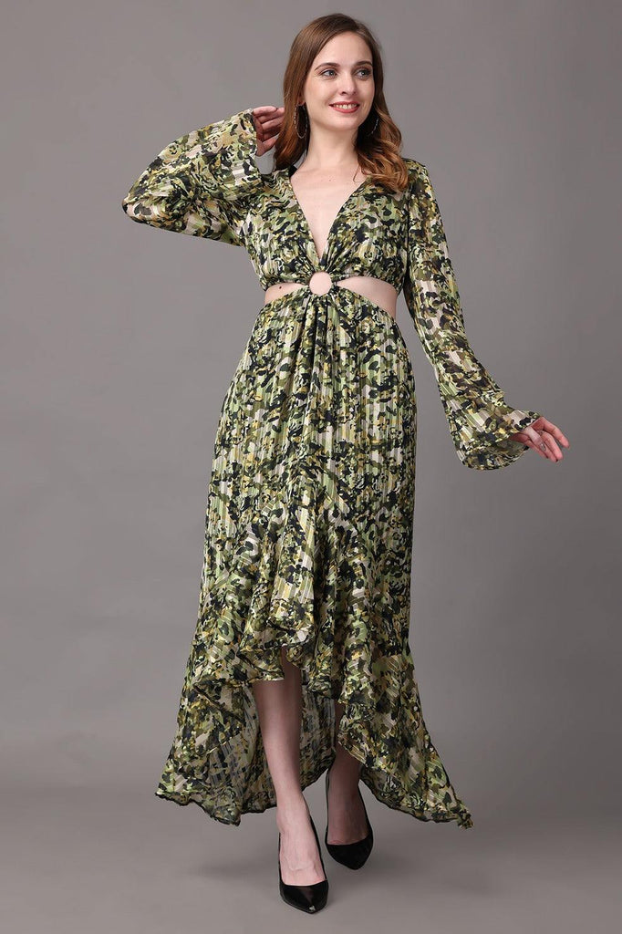 Model wearing Polyster Georgette Maxi Dress with Pattern type: Camouflage-2