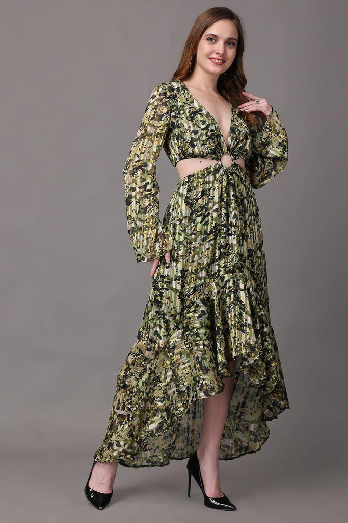 Model wearing Polyster Georgette Maxi Dress with Pattern type: Camouflage-3