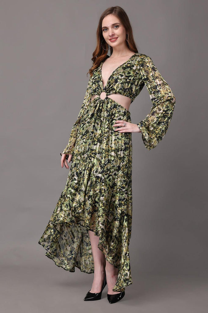 Model wearing Polyster Georgette Maxi Dress with Pattern type: Camouflage-4