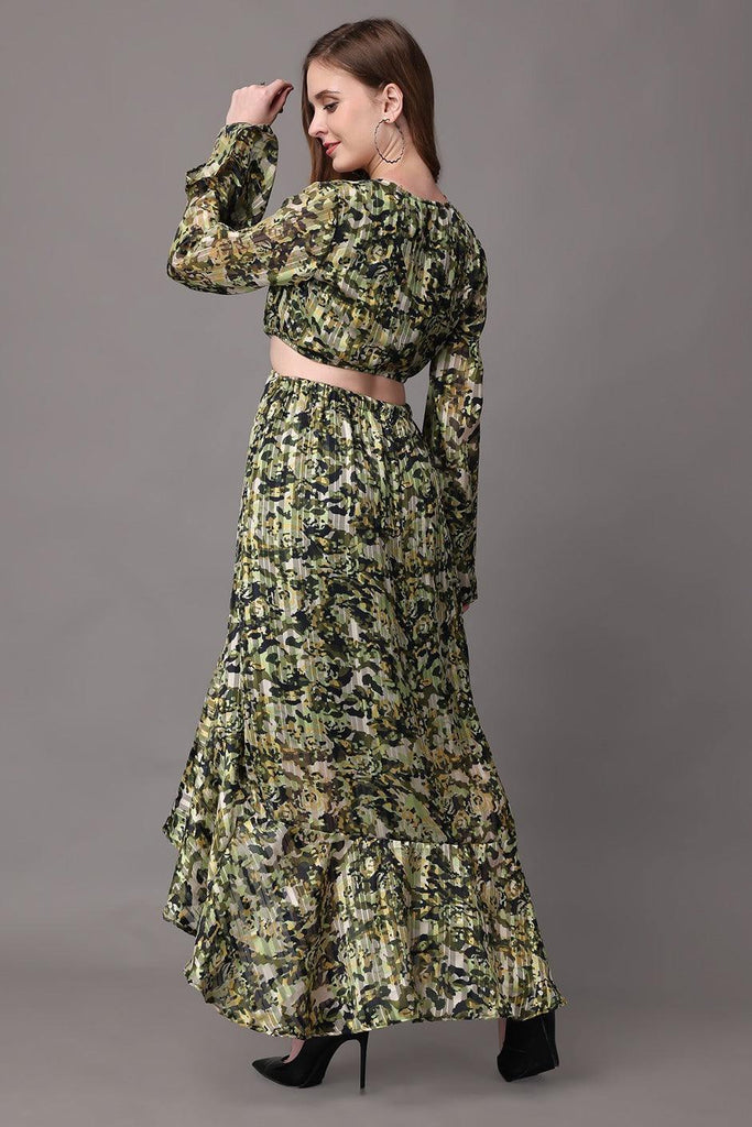 Model wearing Polyster Georgette Maxi Dress with Pattern type: Camouflage-5