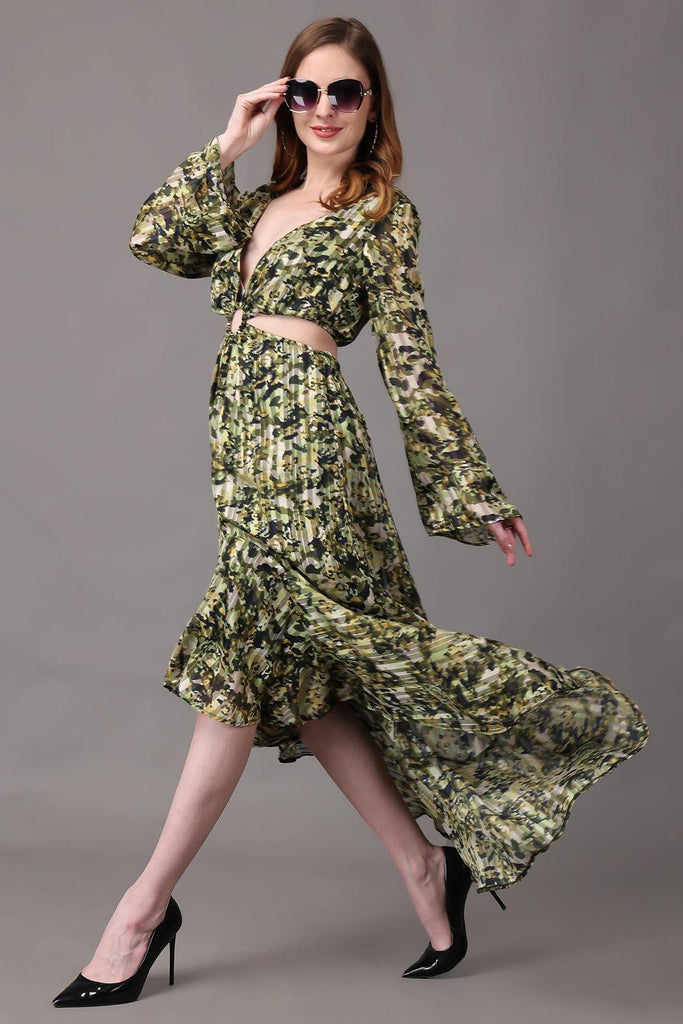 Model wearing Polyster Georgette Maxi Dress with Pattern type: Camouflage-7