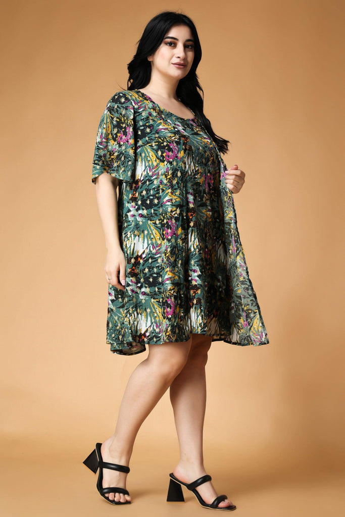 Model wearing Viscose Crepe Mini Dress with Pattern type: Floral-4