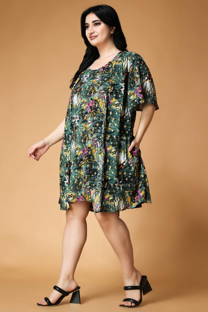 Model wearing Viscose Crepe Mini Dress with Pattern type: Floral-5