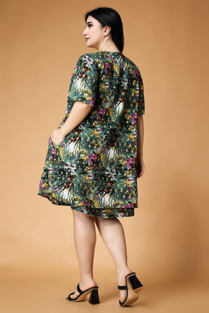 Model wearing Viscose Crepe Mini Dress with Pattern type: Floral-7