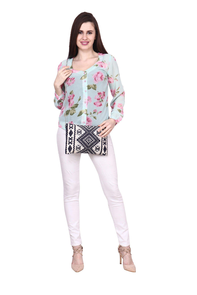Model wearing Polyster Georgette Top with Pattern type: Floral-2