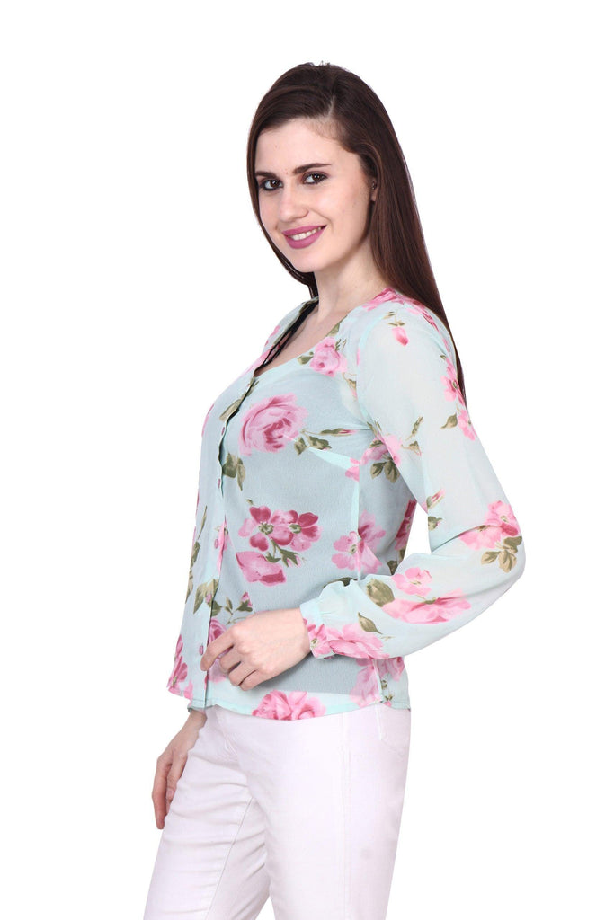 Model wearing Polyster Georgette Top with Pattern type: Floral-4