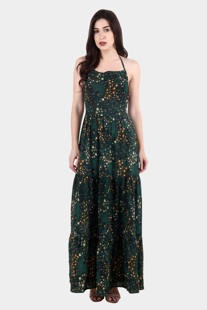 Model wearing Viscose Crepe Maxi Dress with Pattern type: Fountain-1