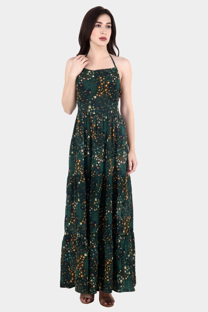 Model wearing Viscose Crepe Maxi Dress with Pattern type: Fountain-4