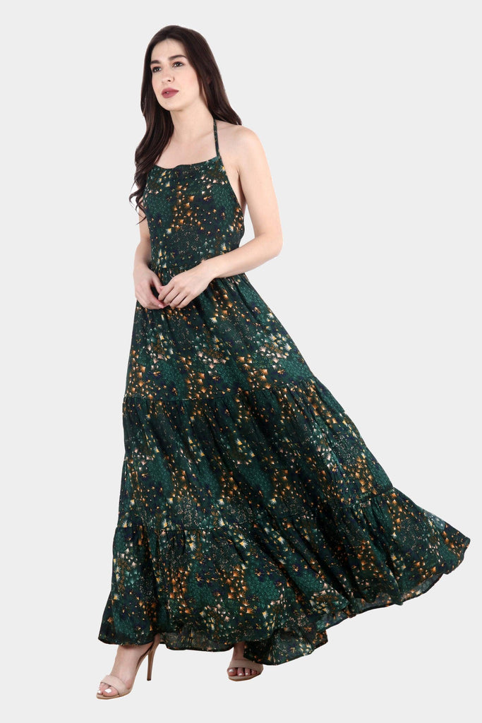 Model wearing Viscose Crepe Maxi Dress with Pattern type: Fountain-5