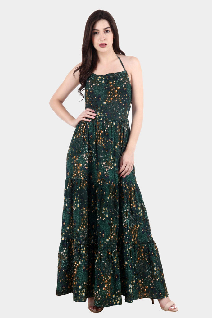 Model wearing Viscose Crepe Maxi Dress with Pattern type: Fountain-6