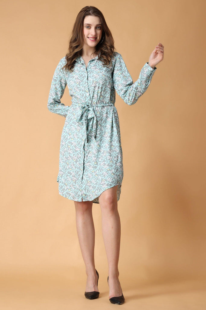 Model wearing Polyester Mini Dress with Pattern type: Leaf-1