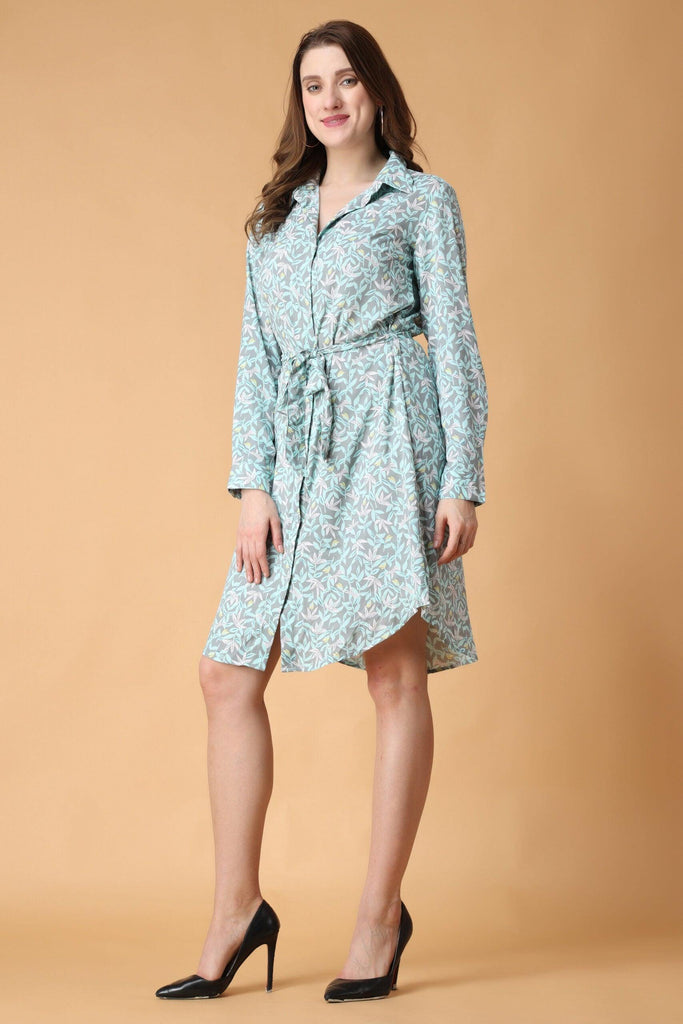 Model wearing Polyester Mini Dress with Pattern type: Leaf-5