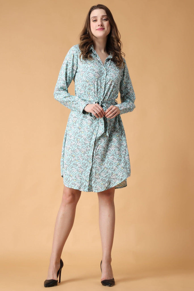 Model wearing Polyester Mini Dress with Pattern type: Leaf-6