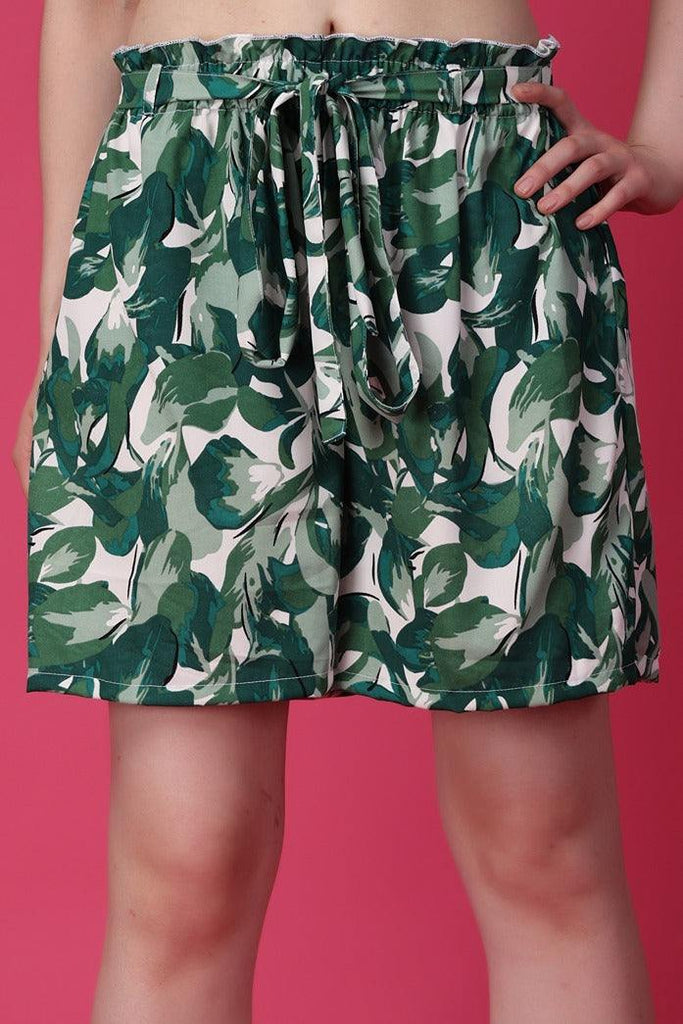 Model wearing Poly Crepe Shorts with Pattern type: Leaves-1