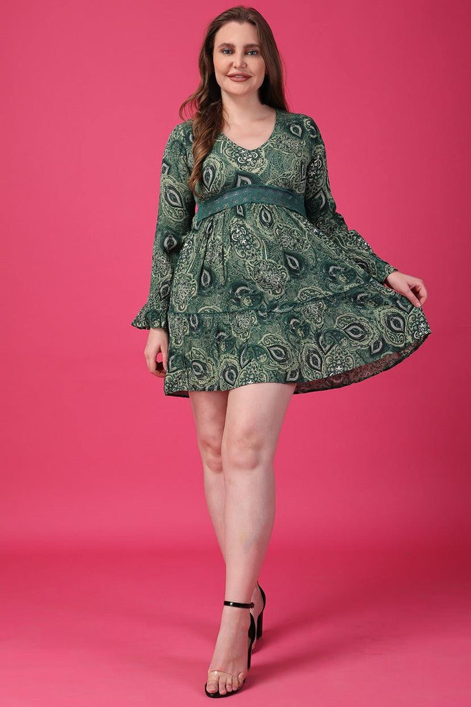 Model wearing Viscose Crepe Mini Dress with Pattern type: Paisley-1