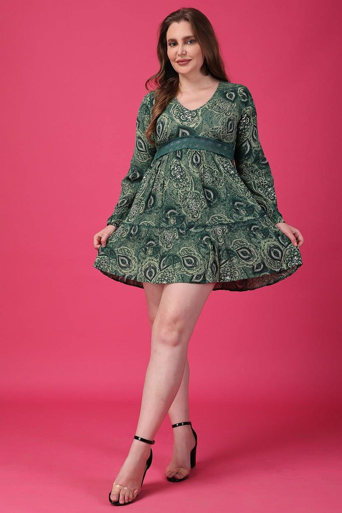 Model wearing Viscose Crepe Mini Dress with Pattern type: Paisley-2