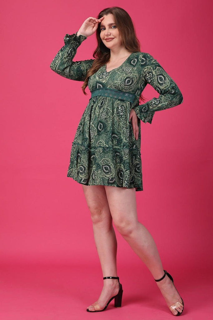 Model wearing Viscose Crepe Mini Dress with Pattern type: Paisley-3