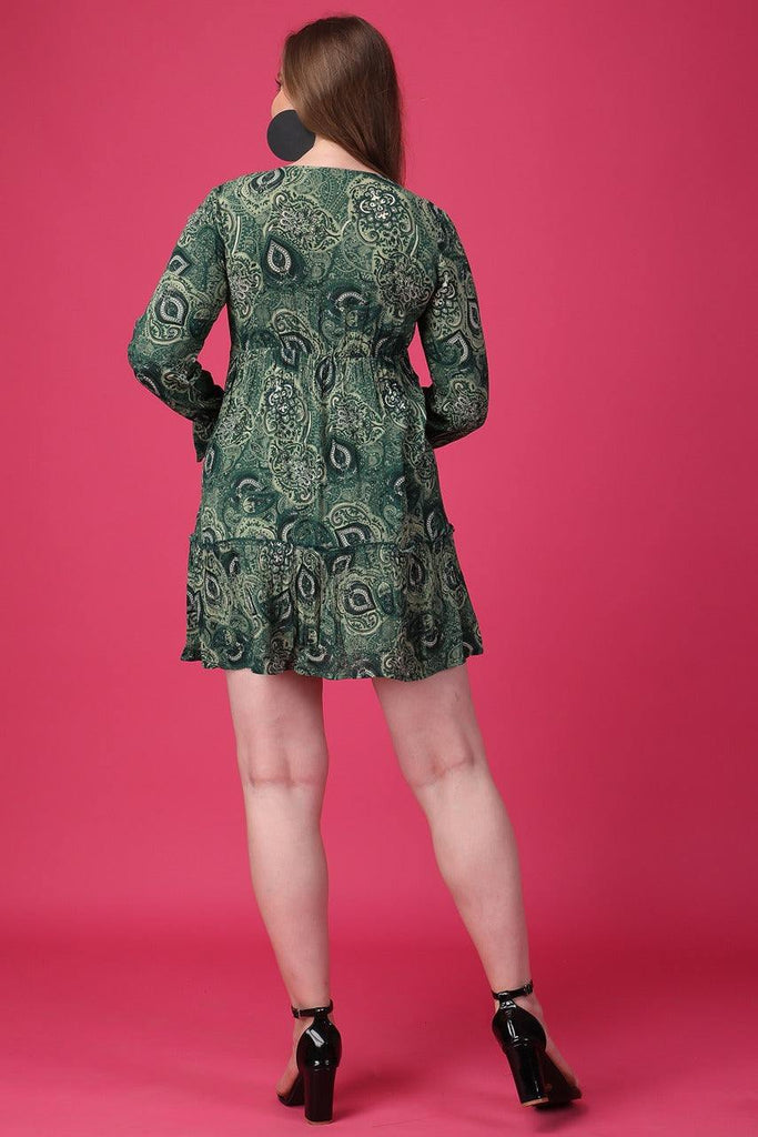 Model wearing Viscose Crepe Mini Dress with Pattern type: Paisley-6