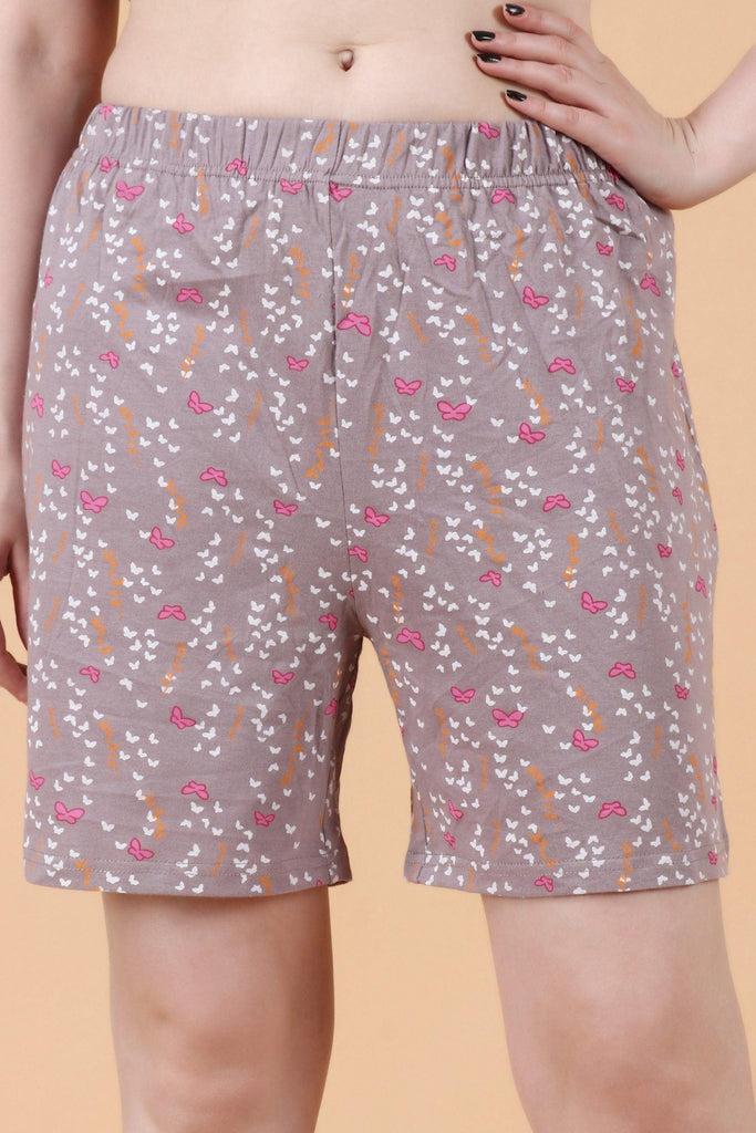 Model wearing Cotton Elastane Shorts with Pattern type: Butterfly-1
