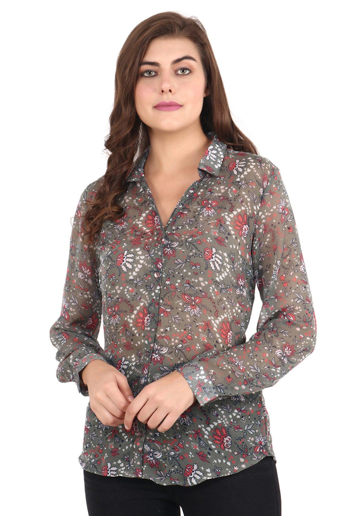 Model wearing Polyster Chiffon Shirt with Pattern type: Floral-1