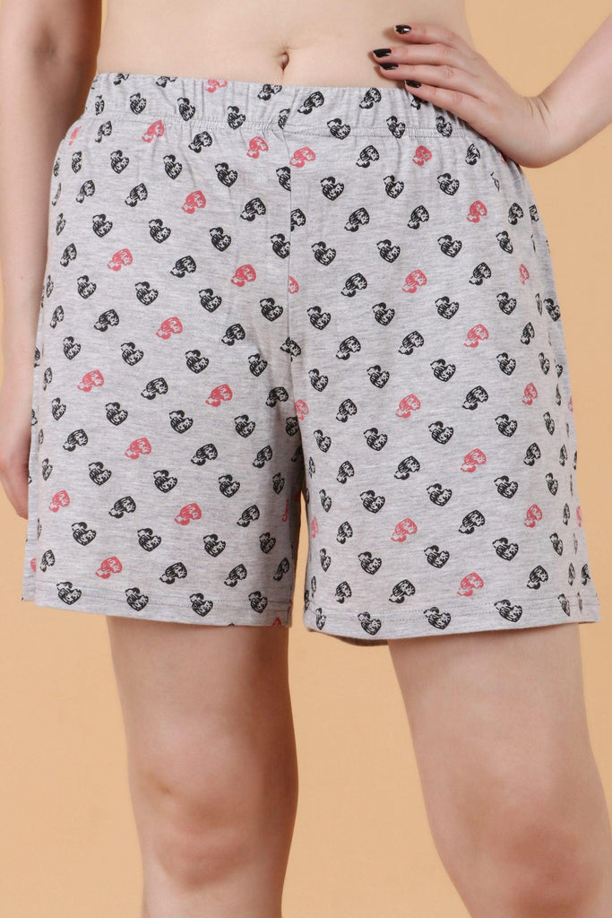 Model wearing Cotton Lycra Shorts with Pattern type: Hearts-1