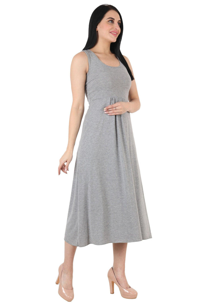 Model wearing Viscose Lycra Midi Dress with Pattern type: Solid-3