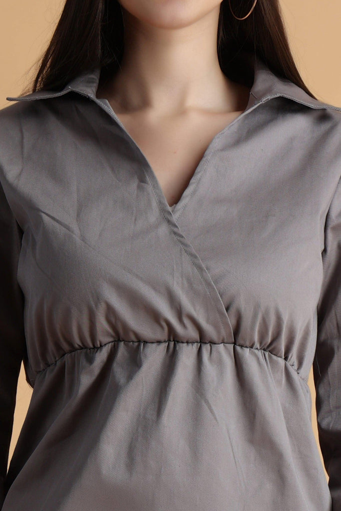 Model wearing Cotton Poplin Mini Dress with Pattern type: Solid-2