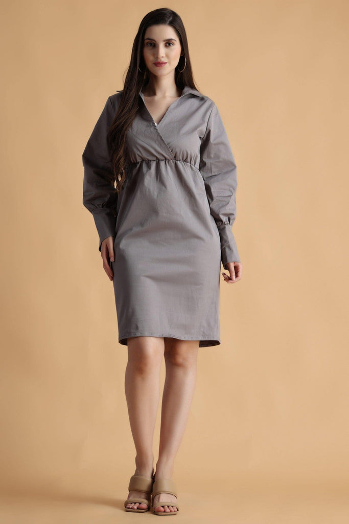 Model wearing Cotton Poplin Mini Dress with Pattern type: Solid-6