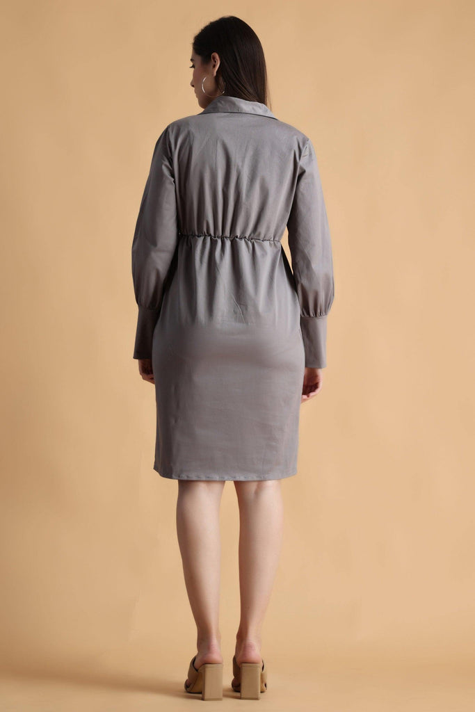 Model wearing Cotton Poplin Mini Dress with Pattern type: Solid-7