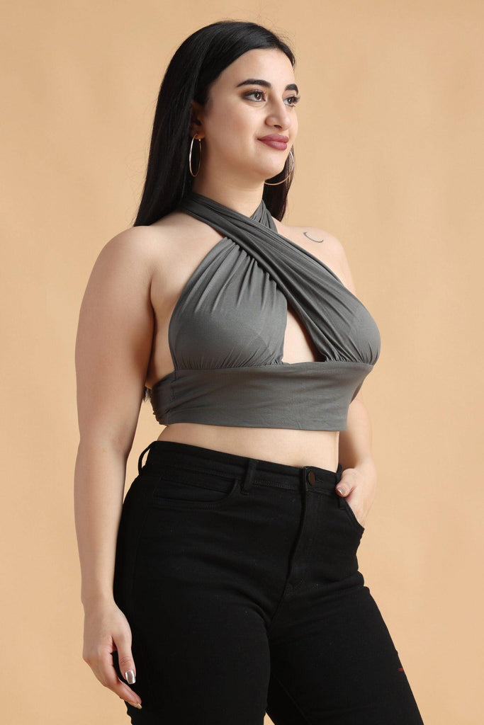 Model wearing Viscose Lycra Crop Top with Pattern type: Solid-1