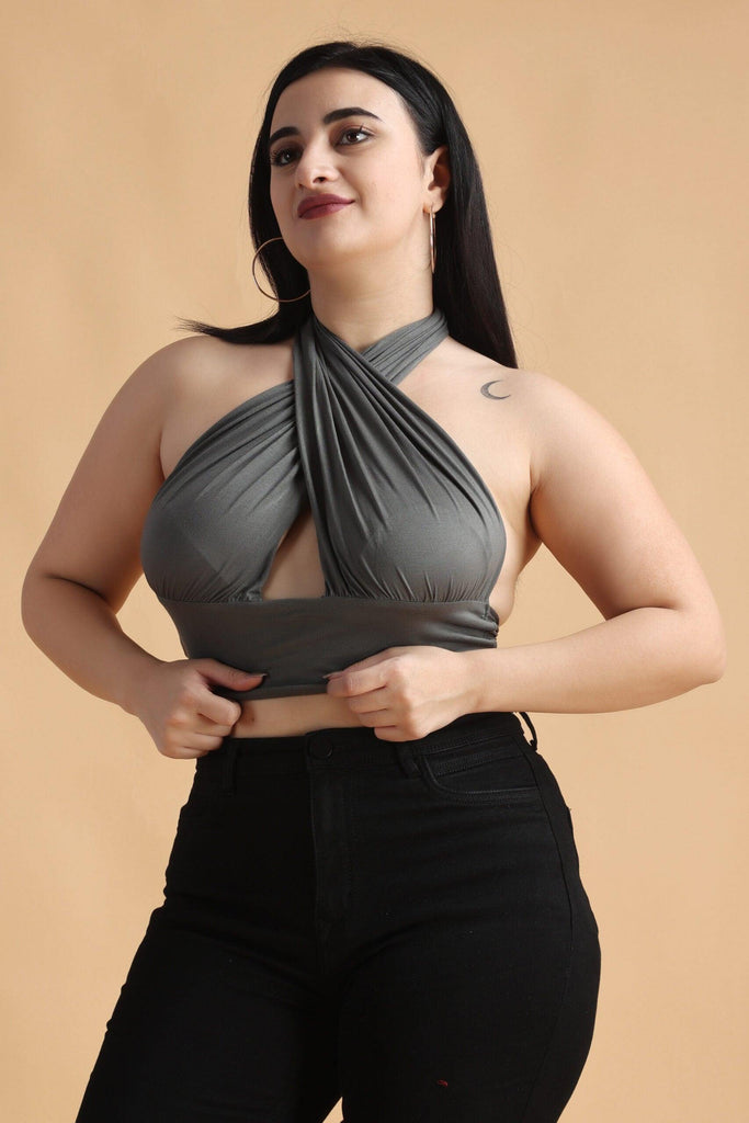 Model wearing Viscose Lycra Crop Top with Pattern type: Solid-2