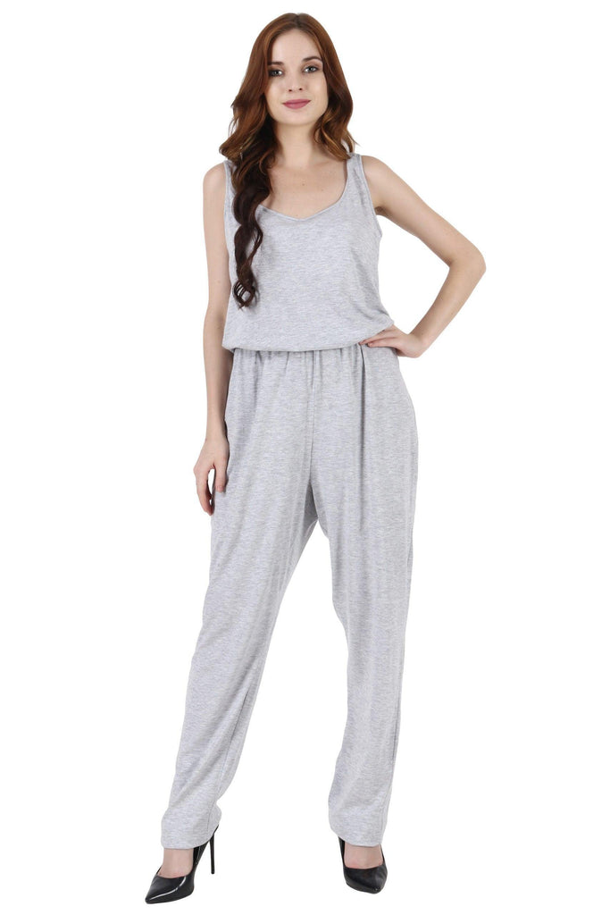 Model wearing Cotton Lycra Jumpsuit with Pattern type: Solid-1