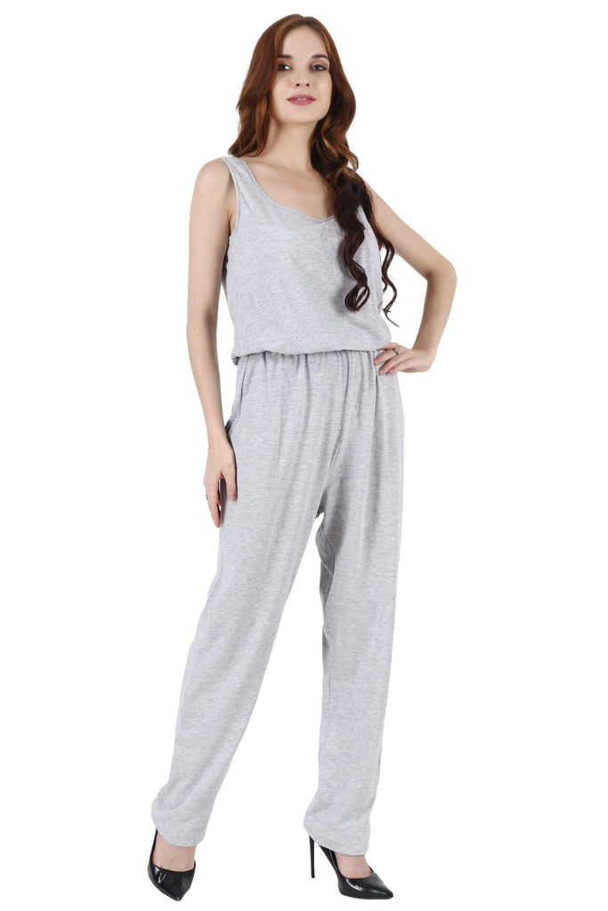 Model wearing Cotton Lycra Jumpsuit with Pattern type: Solid-4