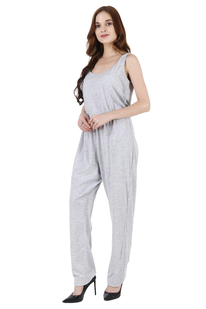 Model wearing Cotton Lycra Jumpsuit with Pattern type: Solid-5