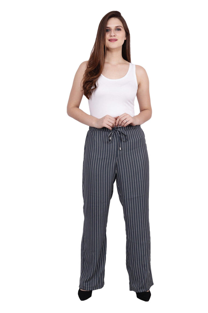 Model wearing Poly Crepe Pant with Pattern type: Striped-1