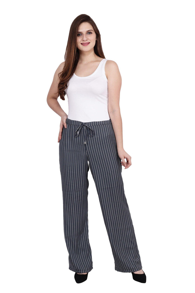 Model wearing Poly Crepe Pant with Pattern type: Striped-2