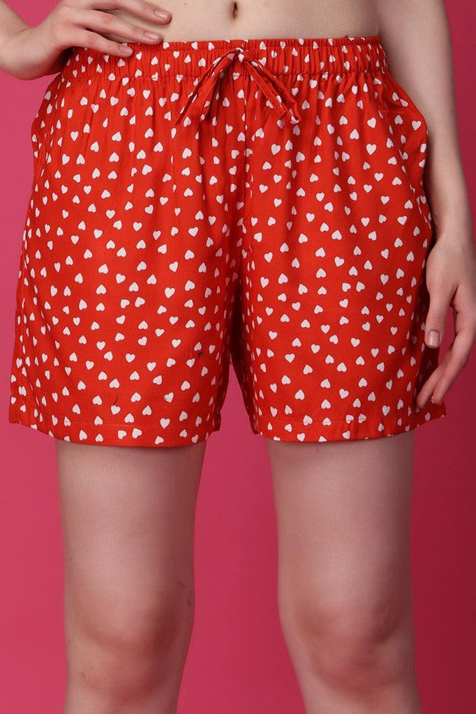 Model wearing Rayon Shorts with Pattern type: Hearts-1
