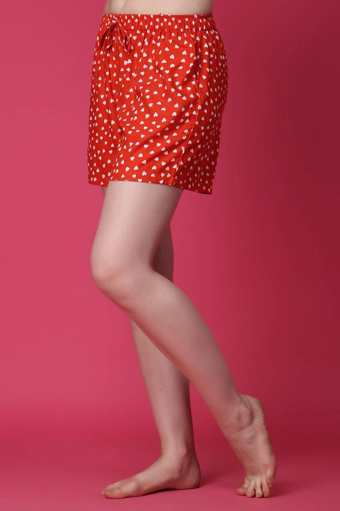 Model wearing Rayon Shorts with Pattern type: Hearts-2