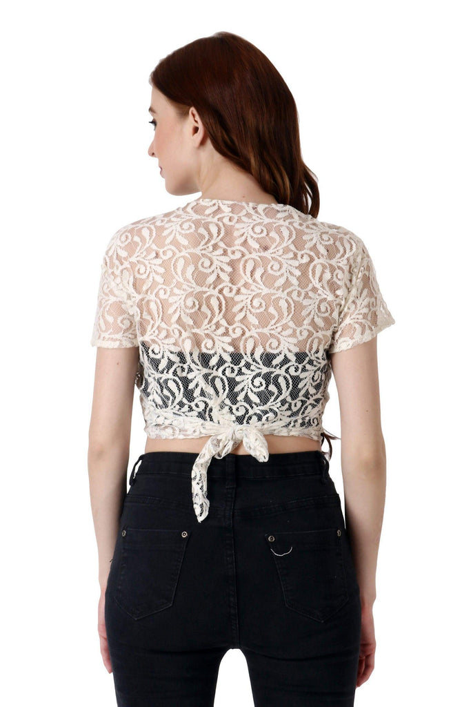 Model wearing Lace Shrug with Pattern type: Self -5