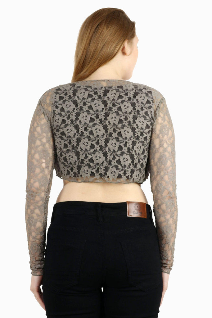 Model wearing Lace Shrug with Pattern type: Solid-2
