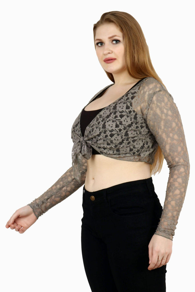 Model wearing Lace Shrug with Pattern type: Solid-4