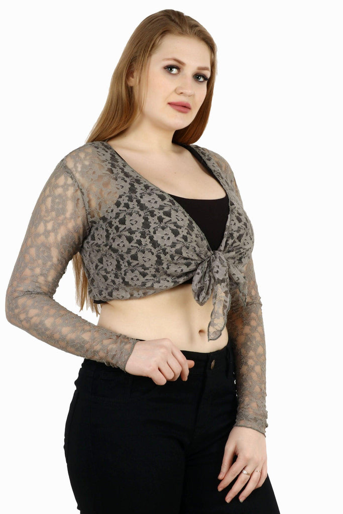 Model wearing Lace Shrug with Pattern type: Solid-5