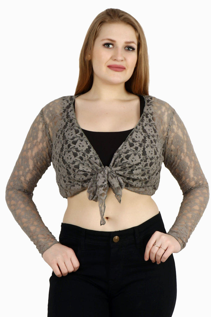 Model wearing Lace Shrug with Pattern type: Solid-6