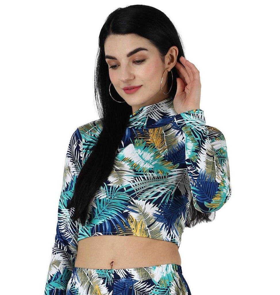 Model wearing Poly Lycra Crop Top with Pattern type: Leaf-1