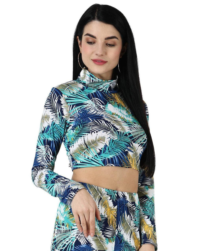 Model wearing Poly Lycra Crop Top with Pattern type: Leaf-7