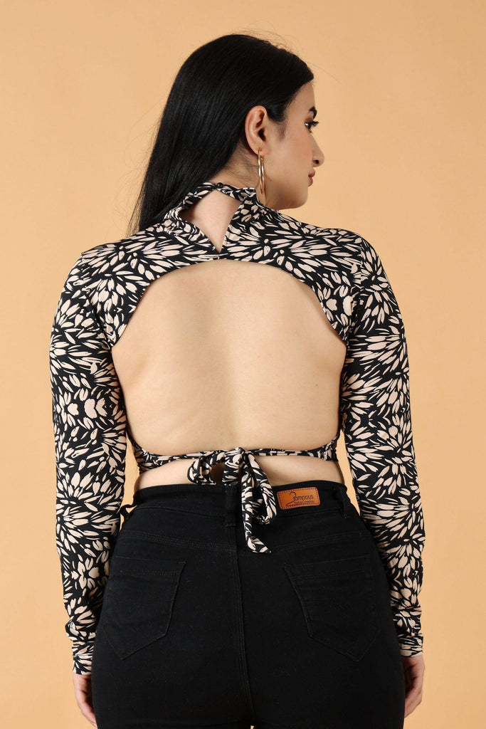 Model wearing Poly Lycra Crop Top with Pattern type: Leaf-2